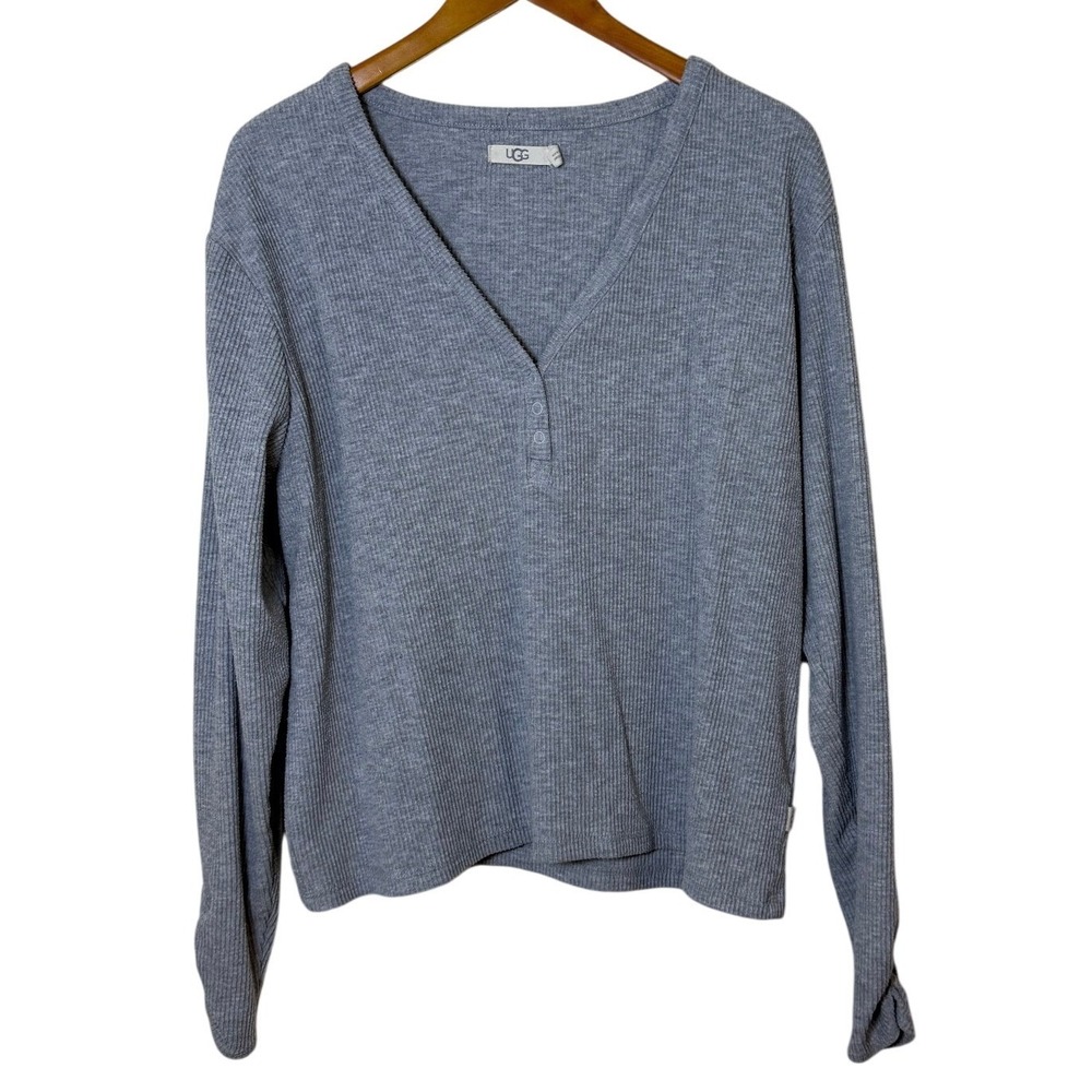 UGG Women Henley Lounge Top XL Grey Ribbed V-Neck Rusched Long Sleeve‎ 1121084